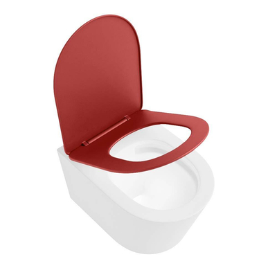 Mondiaz LAVIE hangtoilet – spoelrandloos – 36 x 53 cm – met softclose zitting – Talc (wit), zitting Fire (rood)
