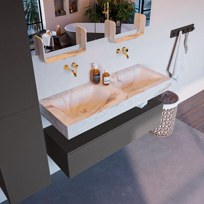 Mondiaz ALAN-DLUX Ensemble de meuble - 120cm - meuble Dark grey mat - 1 tiroir - Lavabo Cloud Frappe suspendu - vasque Gauche et droite - 0 trous de robinet