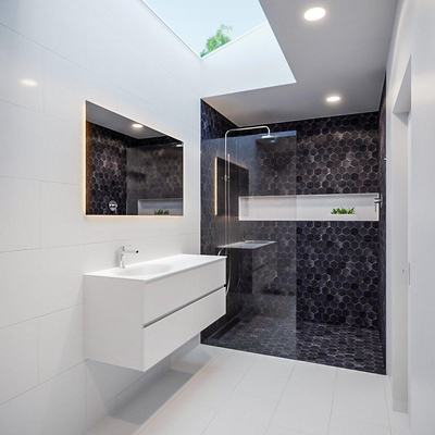 MONDIAZ VICA Ensemble de meuble salle de bain - 120cm - 4 tiroirs - lavabo Moon gauche - 1 trou de robinet - solid surface talc