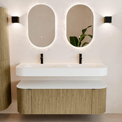 MONDIAZ THOR 140cm meuble de salle de bains arrondi gauche + droite couleur Dusk avec 1 tiroir et 2 portes. Vasque suspendue CLOUD Double 2 trous de robinet couleur Talc.