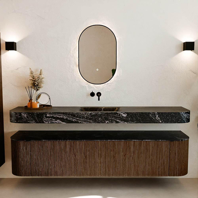 MONDIAZ THOR-DLUX Meuble de salle de bains - 200cm - arrondi gauche + droite - couleur Walnut - 2 tiroirs et 2 portes - Vasque suspendue CLOUD Milieu sans trou de robinet - couleur Lava