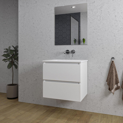 Saniclass Chaci Meuble de salle de bain - 60x46x55cm - lavabo en céramique blanc - 1 vasque - sans trou de robinet - 2 tiroirs - miroir rectangulaire - blanc mat