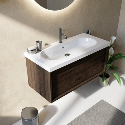 Saniclass Holz Frame Ensemble meuble de salle de bains - 100x45x43.5cm - Palermo lavabo en céramique blanc - 1 vasque - 1 trou de robinetterie - 1 tiroir - chêne charcoal mat (bois)