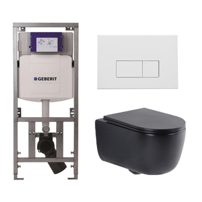 QeramiQ Dely Swirl Toiletset - 36.3x51.7cm - Geberit UP320 inbouwreservoir - slim zitting - mat witte metalen bedieningsplaat - rechthoekige knoppen - mat zwart