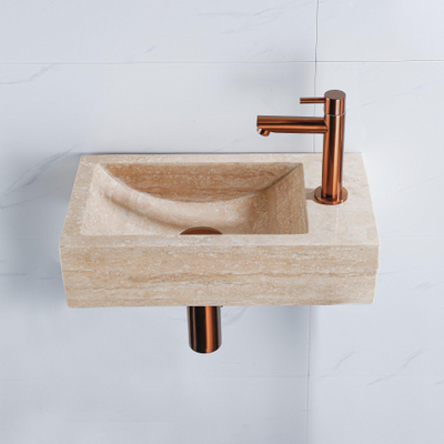 FugaFlow Eccelente Pietra Ensemble de fontaine - 40x22x10cm - trou de robinet à droite - robinet de fontaine en cuivre brossé PVD - bouchon de vidange - siphon abaissé - pierre naturelle marbrée