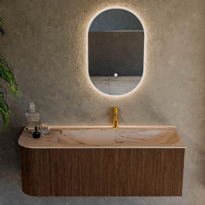 MONDIAZ KURVE-DLUX Meuble de salle de bains 125cm arrondi à gauche couleur Walnut avec 1 tiroir et 1 porte. Lavabo BIG MEDIUM à droite 1 trou de robinet Arena.