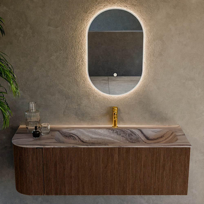 MONDIAZ KURVE-DLUX 135cm badmeubel ronding Links kleur Walnut met 1 lade en 1 deur. Wastafel BIG MEDIUM Rechts 1 kraangat Sombra.