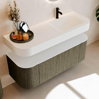 MONDIAZ THOR 130cm meuble de salle de bains arrondi gauche + droite couleur Shadow avec 1 tiroir et 2 portes. Vasque suspendue CLOUD droite 1 trou de robinet couleur Talc.