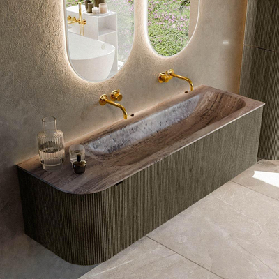 MONDIAZ KURVE-DLUX meuble de salle de bains 145cm arrondi à gauche couleur Shadow avec 1 tiroir et 1 porte. Lavabo BIG LARGE à droite sans trou de robinet Oza.