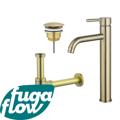 FugaFlow Eccelente Sobrado Kit mitigeur lavabo - robinet rehaussé - bonde nonobturable - siphon design - PVD Laiton brossé