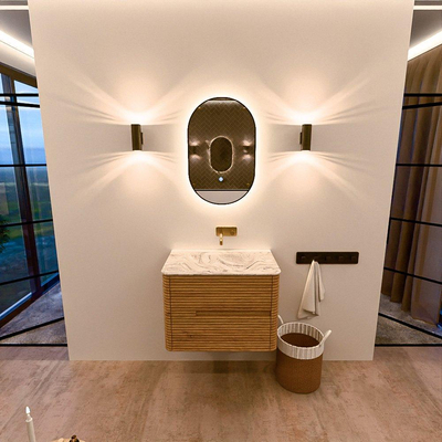 Mondiaz CIRO-DLUX Badkamermeubelset - 70x45x50cm - Solid surface wastafel Glace - 1 wasbak Midden - zonder kraangaten - 2 lades - Oak