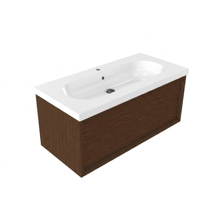 Saniclass Holz Frame Ensemble meuble de salle de bains - 100x45x43.5cm - lavabo Palermo en céramique blanc - 1 vasque - 1 trou de robinet - 1 tiroir - walnut pure mat (bois)