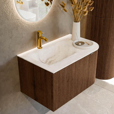 MONDIAZ KURVE-DLUX 75cm badmeubel met module 25 R kleur Walnut met 1 lade en 1 deur. Wastafel GRUNNE links 1 kraangat kleur Frappe.