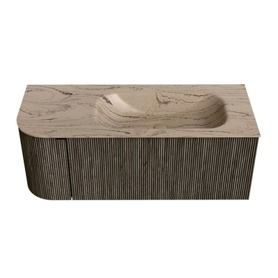 MONDIAZ KURVE-DLUX Meuble de salle de bains 115cm arrondi à gauche couleur Shadow avec 1 tiroir et 1 porte. Lavabo BIG SMALL à droite 1 trou de robinet Arena.