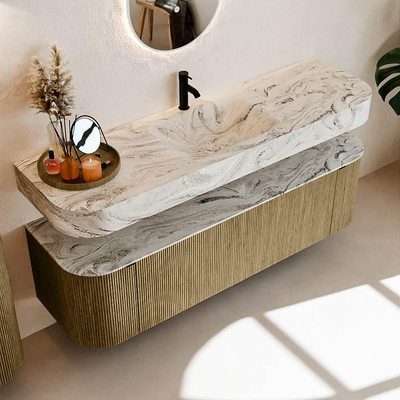 MONDIAZ THOR-DLUX 160cm meuble de salle de bains arrondi gauche + droite couleur Dusk avec 1 tiroir et 2 portes. Vasque suspendue CLOUD Milieu 1 trou de robinet couleur Glace.