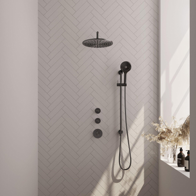 BRAUER Gunmetal Carving inbouw regendoucheset – Ø30 cm hoofddouche – 40 cm gebogen wandarm – ronde handdouche