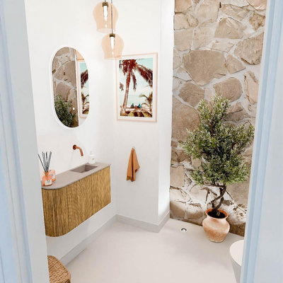 Mondiaz JOYA-DLUX 71.6cm toiletmeubel - ronding links kleur Oak - Wastafel FAYE positie Rechts Zonder kraangat kleur Saba.