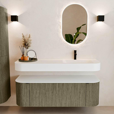 MONDIAZ THOR 140cm meuble de salle de bains arrondi gauche + droite couleur Shadow avec 1 tiroir et 2 portes. Vasque suspendue CLOUD Droite 1 trou de robinet couleur Talc.