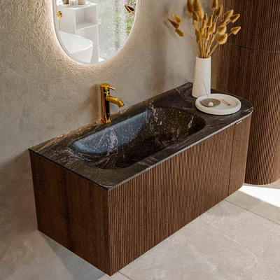 MONDIAZ KURVE-DLUX 105cm badmeubel met module 25 R kleur Walnut met 1 lade en 1 deur. Wastafel BIG SMALL links 1 kraangat kleur Lava.