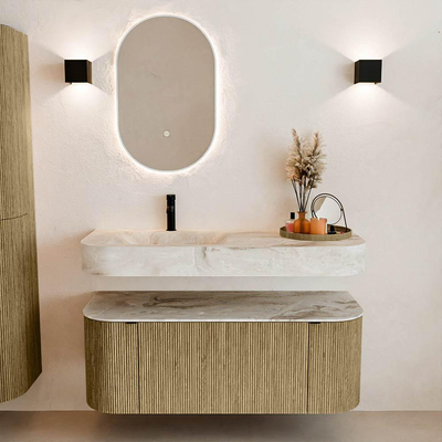 MONDIAZ THOR-DLUX 120cm meuble de salle de bains arrondi gauche + droite couleur Dusk avec 1 tiroir et 2 portes. Vasque suspendue CLOUD Gauche 1 trou de robinet couleur Frappe.