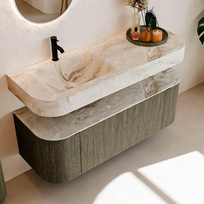 MONDIAZ THOR-DLUX 130cm meuble de salle de bains arrondi gauche + droite couleur Shadow avec 1 tiroir et 2 portes. Vasque suspendue CLOUD Gauche 1 trou de robinet couleur Frappe.