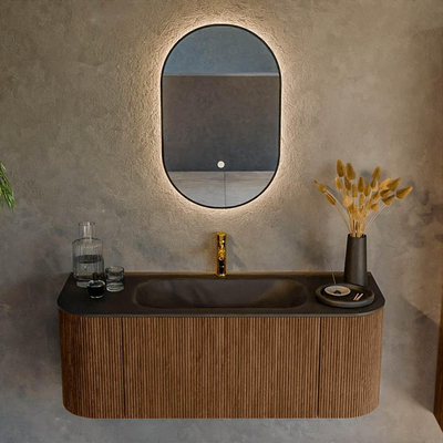 MONDIAZ KURVE 120cm Meuble salle de bain avec module 25 G et D - couleur Walnut - 1 tiroir - 2 portes - vasque BIG SMALL centre - 1 trou de robinet - Urban