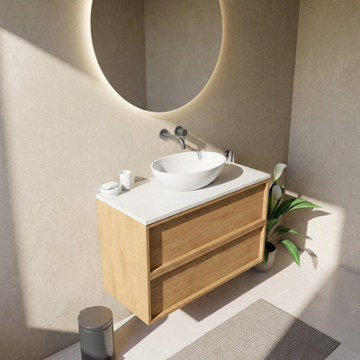 Saniclass Holz Frame Ensemble de meubles de salle de bains - 100x45x62.5cm - plan Torino en solid surface blanc - sans trou de robinetterie - 2 tiroirs - chêne naturel mat (bois)