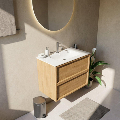 Saniclass Holz Frame Ensemble meuble de salle de bains - 80x45x61.5cm - Flow lavabo en solid surface blanc - 1 vasque - 1 trou de robinet - 2 tiroirs - chêne natural mat (bois)
