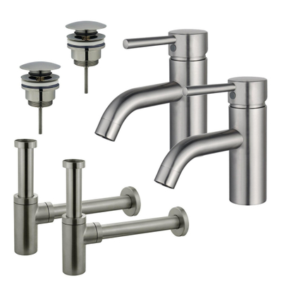 Fortifura Calvi Kit robinet lavabo - pour double vasque - robinet bas - bonde clic clac - siphon design - Inox brossé PVD