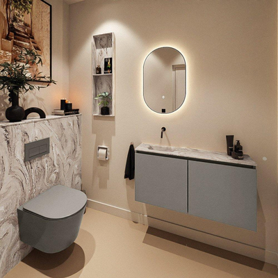 MONDIAZ TURE-DLUX Meuble toilette - 100cm - Smoke - EDEN - vasque Glace - position gauche - sans trou de robinet