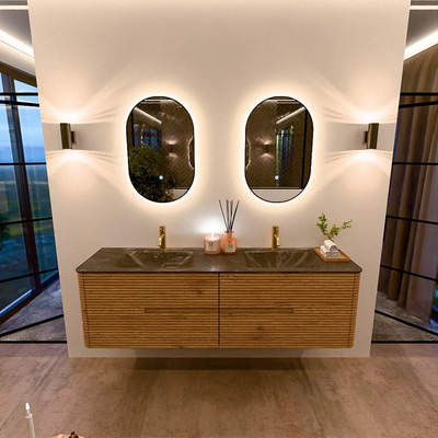 Mondiaz CIRO-DLUX Ensemble de meubles de salle de bains - 170x45x50cm - Vasque solid surface Lava - 2 vasques double - 2 trous de robinet - 4 tiroirs - Chêne