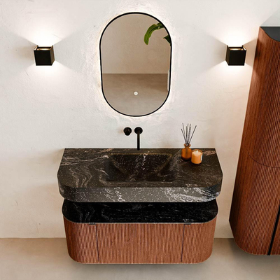 MONDIAZ THOR-DLUX Meuble de salle de bains - 110cm - arrondi gauche + droite - couleur Ruby - 1 tiroir - 2 portes - Vasque suspendue CLOUD Milieu sans trou de robinet - couleur Lava