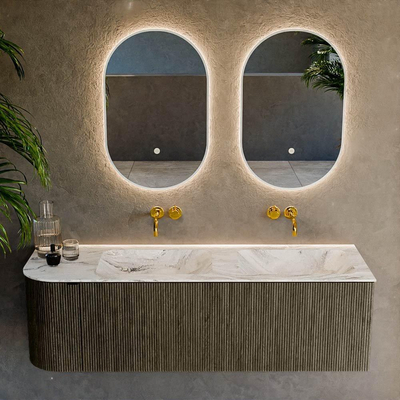 Mondiaz KURVE-DLUX Badkamermeubelset - 145x46x40cm - 1 lade - 1 deur - wastafel solid surface - dubbel / rechts - zonder kraangat - Shadow