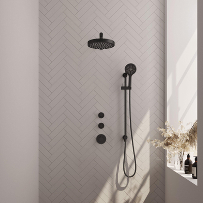 BRAUER Stripe Thermostatische Inbouw Regendouche - SET 10 - 25cm douchekop - rechte muurarm - 3-standen handdouche - doucheslang - geïntegreerde glijstang - mat zwart