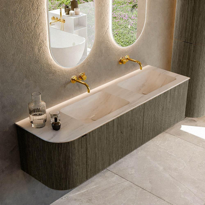 MONDIAZ KURVE-DLUX Meuble de salle de bains 155cm arrondi à gauche couleur Shadow avec 2 tiroirs et 1 porte. Lavabo LEAF Double / Droite sans trou de robinet Meli.