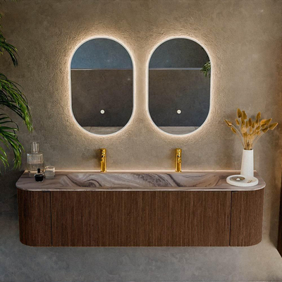MONDIAZ KURVE-DLUX 170cm badmeubel ronding Links + Rechts kleur Walnut met 1 lade en 2 deuren. Wastafel BIG LARGE Midden 2 kraangaten Sombra.