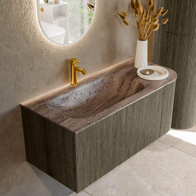 MONDIAZ KURVE-DLUX Meuble de salle de bains 105cm arrondi à droite couleur Shadow avec 1 tiroir et 1 porte. Lavabo BIG SMALL gauche 1 trou de robinet Oza.