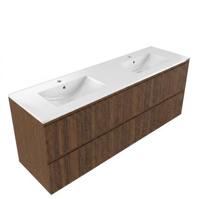 Saniclass Holz Atelier Ensemble de meubles de salle de bains - 160x45x62cm - Lavabo Vygo en céramique blanc - 2 vasques - 2 trous de robinet - 4 tiroirs - noyer pure mat (bois)