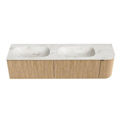 MONDIAZ KURVE-DLUX Meuble de salle de bains 175cm avec module 25 R couleur Oak avec 2 tiroirs et 1 porte. Lavabo STOR SMALL double / gauche sans trou de robinet couleur Ostra.