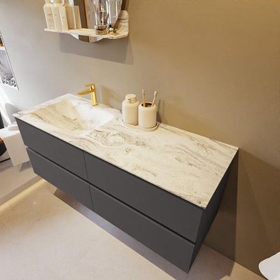 Mondiaz VICA-DLUX ensemble de meuble de salle de bain - 130cm - meuble sous-vasque gris foncé - 4 tiroirs - lavabo encastré cloud gauche - 1 trou de robinet - miroir modèle spot - version XL 60cm haut - glace