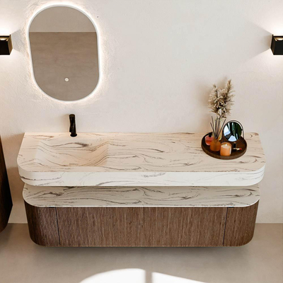 MONDIAZ THOR-DLUX 170cm badmeubel ronding links + rechts kleur Walnut met 1 lade en 2 deuren. Vrijhangende wastafel CLOUD Links 1 kraangat kleur Nata.