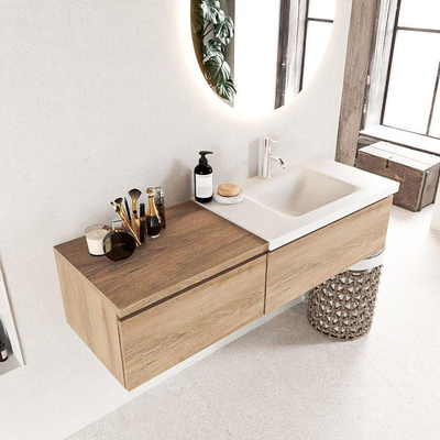 Mondiaz BUKLA Badkamermeubelset - 140x45x34cm - 1 kraangat - wasbak rechts - solid surface - Talc - greeploos - 2 lades - Melamine - Washed Oak