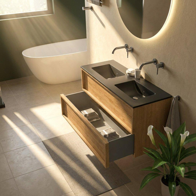 Saniclass Holz Frame Ensemble meuble de salle de bains - 120x45x62cm - Vygo lavabo en céramique noir - 2 vasques - sans trous de robinetterie - 2 tiroirs - chêne natural mat (bois)