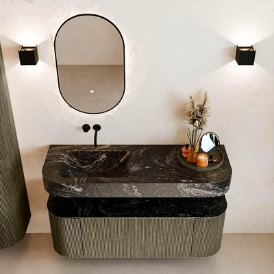 MONDIAZ THOR-DLUX 130cm meuble de salle de bains arrondi gauche + droite couleur Shadow avec 1 tiroir et 2 portes. Vasque suspendue CLOUD gauche sans trou de robinet couleur Lava.