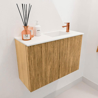 Mondiaz JOYA 60cm toiletmeubel - kleur Oak - Wastafel FAYE positie Rechts 1 kraangat kleur Talc.