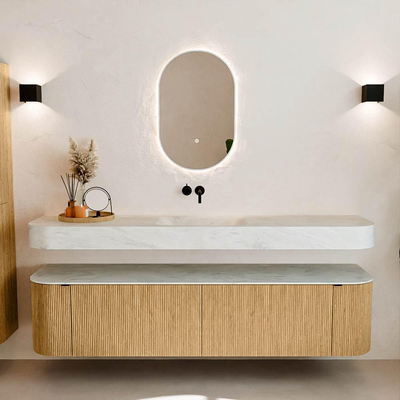 MONDIAZ THOR-DLUX Meuble de salle de bains - 190cm - arrondi gauche + droite - couleur Oak - 2 tiroirs et 2 portes - Vasque suspendue CLOUD Milieu sans trou de robinet - couleur Opalo