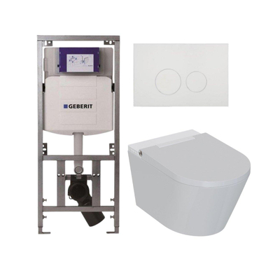 QeramiQ Luma Douche WC Set - Geberit UP320 inbouwreservoir - met Burda frame - fohn - ladydouche - mat witte metalen bedieningsplaat - ronde knoppen - glans wit