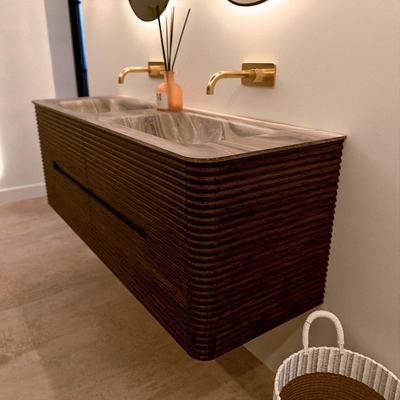 Mondiaz CIRO-DLUX Badkamermeubelset - 140x45x50cm - Solid surface wastafel Sombra - 2 wasbak Dubbel - zonder kraangaten - 4 lades - Walnut