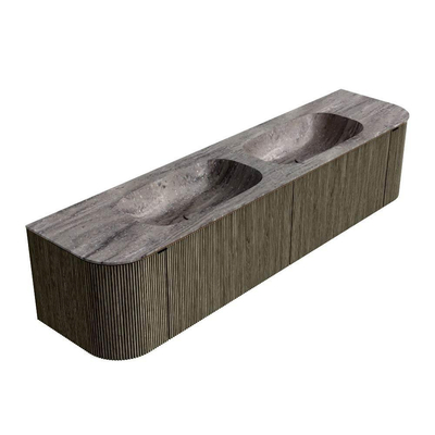 MONDIAZ KURVE-DLUX Meuble de salle de bains 190cm arrondi gauche + droite couleur Shadow avec 2 tiroirs et 2 portes. Plan-vasque STOR SMALL Double sans trou de robinet Oza.