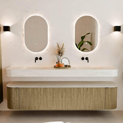 MONDIAZ THOR-DLUX Meuble de salle de bains - 200cm - arrondi gauche + droite - couleur Dusk - 2 tiroirs - 2 portes - Vasque suspendue CLOUD Double sans trou de robinet - couleur Meli